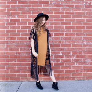 Black fringe kimono with snake print