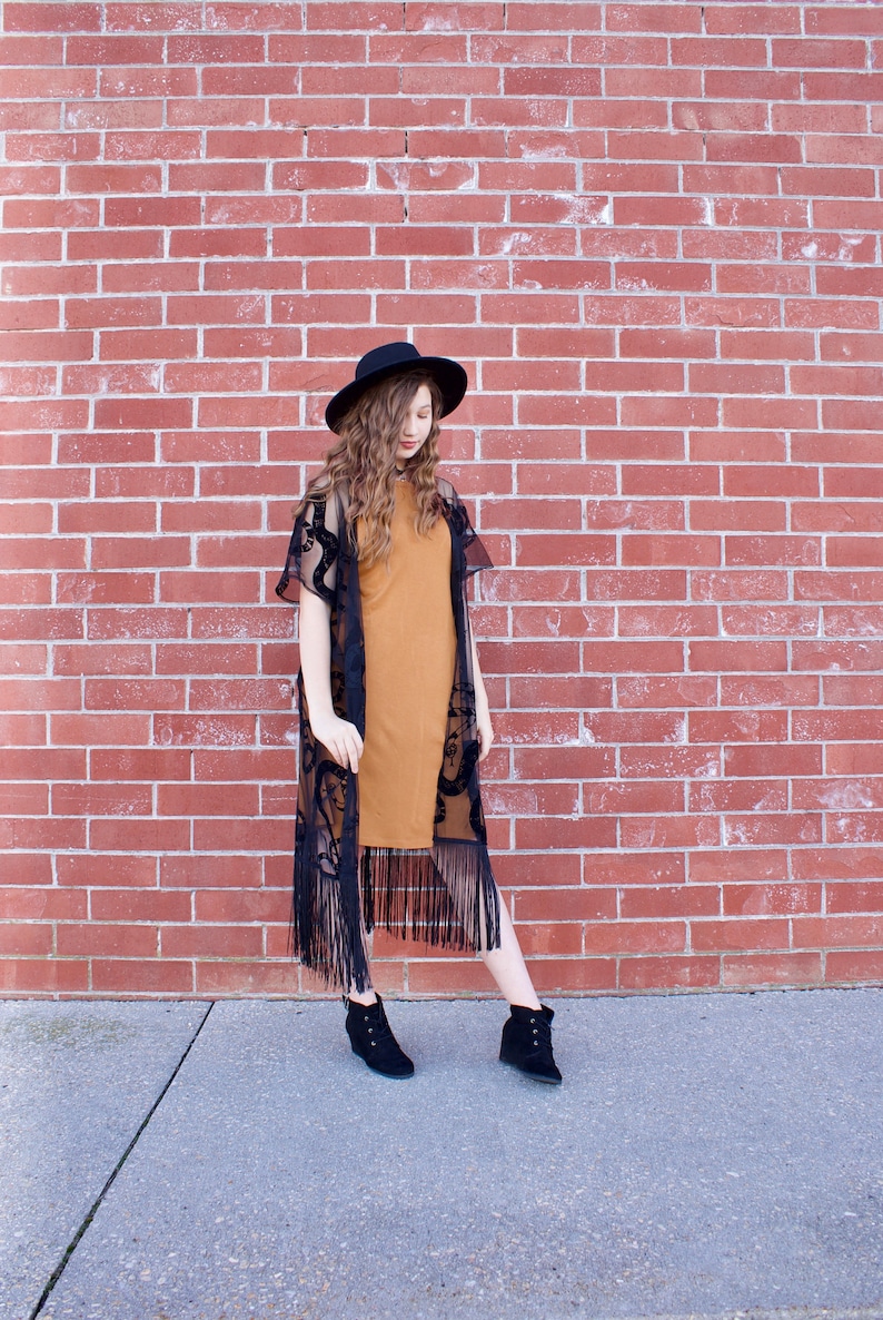 Black fringe kimono with snake print