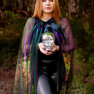 Iridescent Green and Purple Cape for Halloween Witch Sorcerer or Fairy Costumes - Full Length Glowing Veil Shiny Cloak