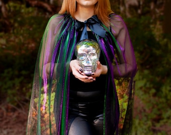 Iridescent Green and Purple Cape for Halloween Witch Sorcerer or Fairy Costumes - Full Length Glowing Veil Shiny Cloak