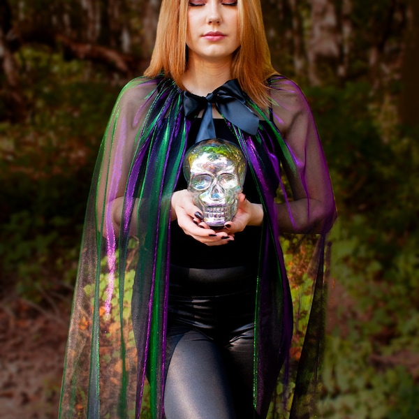 Iridescent Mesh Cape: Green Purple, Halloween Costume Adult Witch Cosplay