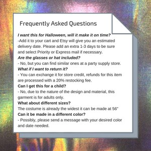 May include: Frequently Asked Questions about a costume. The text includes information about delivery time, whether glasses or a hat are included, return policy, if the costume is available for children, different sizes, and colour options.