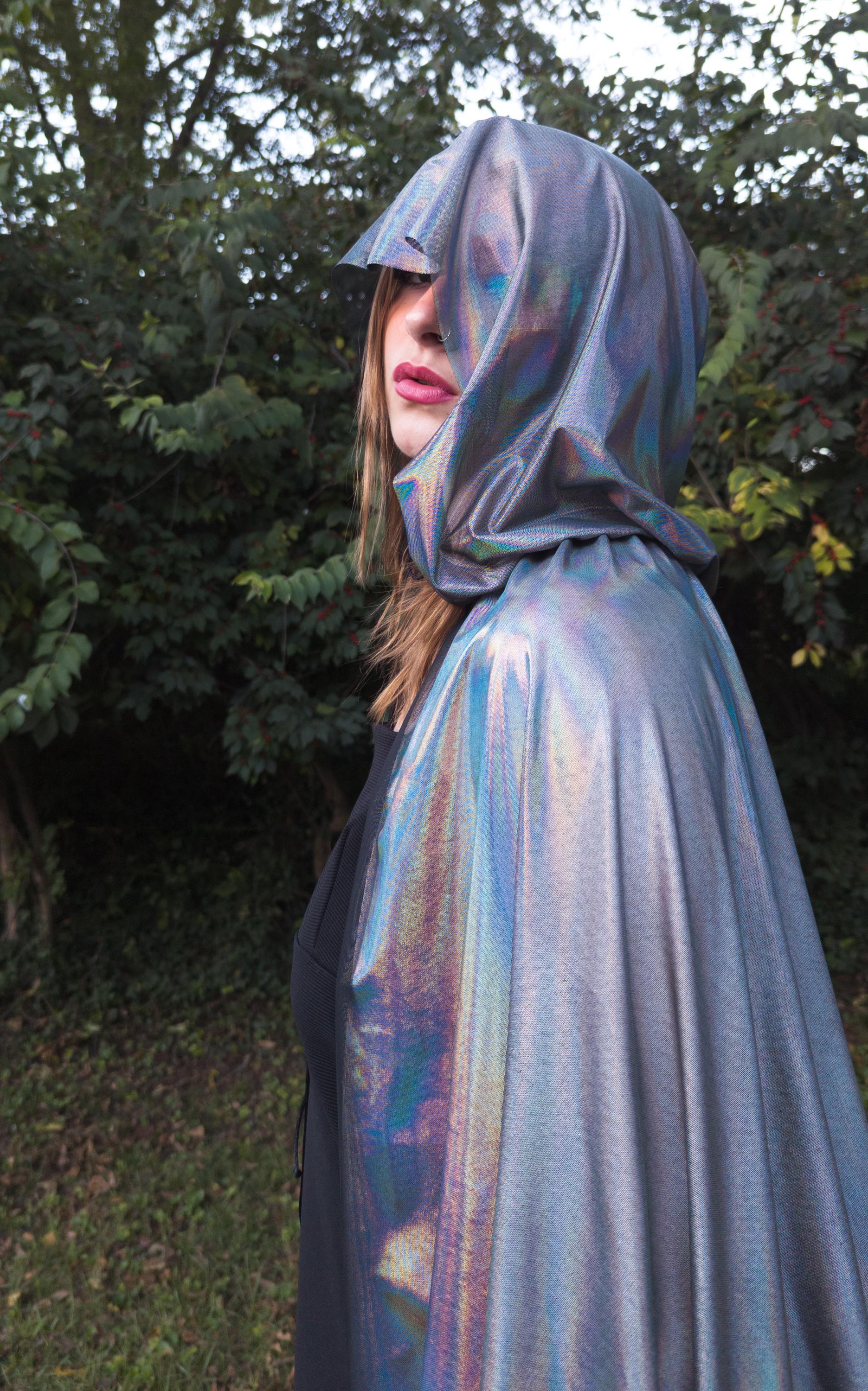 Iridescent Hooded Cloak, Holographic Mesh Cape, Futuristic 