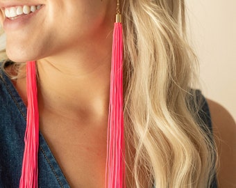 Neon Pink Tassel Dangle Earrings for Barbie Cosplay Western Style Accessories - Ultra Long Shoulder Dusters