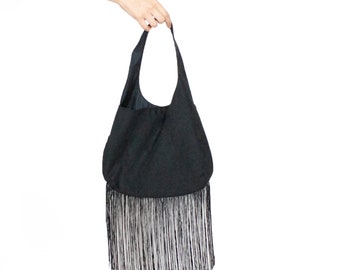 Black Suede Handbag Boho Fringe Bag Black Shoulder Bag Fringe Purse Hobo Style Tote Leather Fringe Bag Gift for Her