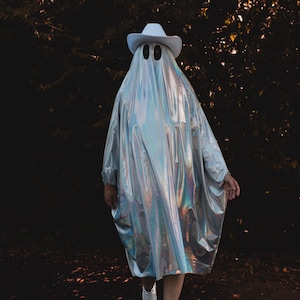 May include: A person wearing a white cowboy hat and a silver iridescent ghost costume, standing in a dark woodland setting.