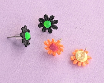 Neon Daisy Lace Flower Stud Earrings - Black or Orange - Small Post Studs - Unique Jewelry