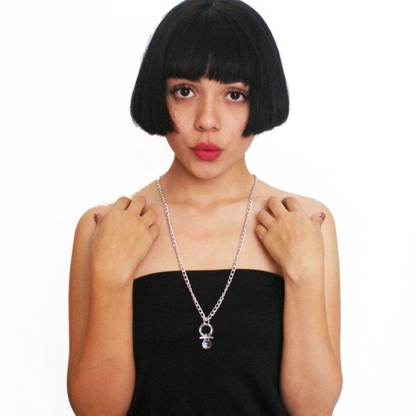 Pacifier Necklace Retro 90s Jewelry Silver Long Chain