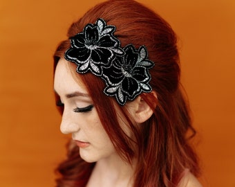 Velvet Rose Hairband - Black and Silver Hair Piece - Retro Floral Fascinator for Evening Wear and Prom Fashion