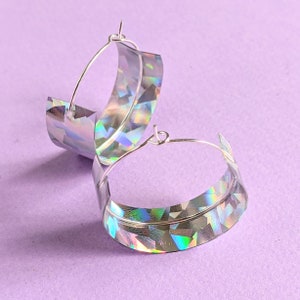 Silver Iridescent Holographic Medium Hoop Earrings - Lightweight  Wide