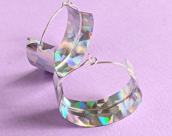 Silver Iridescent Holographic Medium Hoop Earrings - Lightweight  Wide