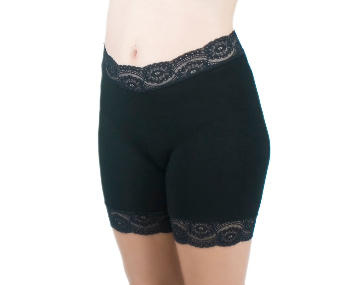 Black Cotton Biker Shorts With Lace Trim and Antichafing Design for