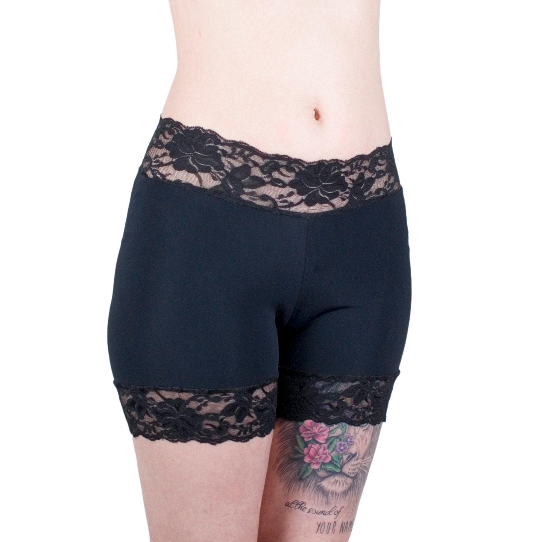 Black Spandex Biker Shorts With Lace Trim: Anti-chafing Tap Pants
