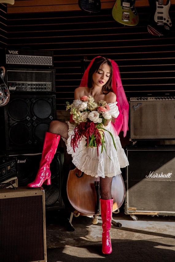 Hot Pink Bouffant Veil: Retro Neon Wedding, Waist Length