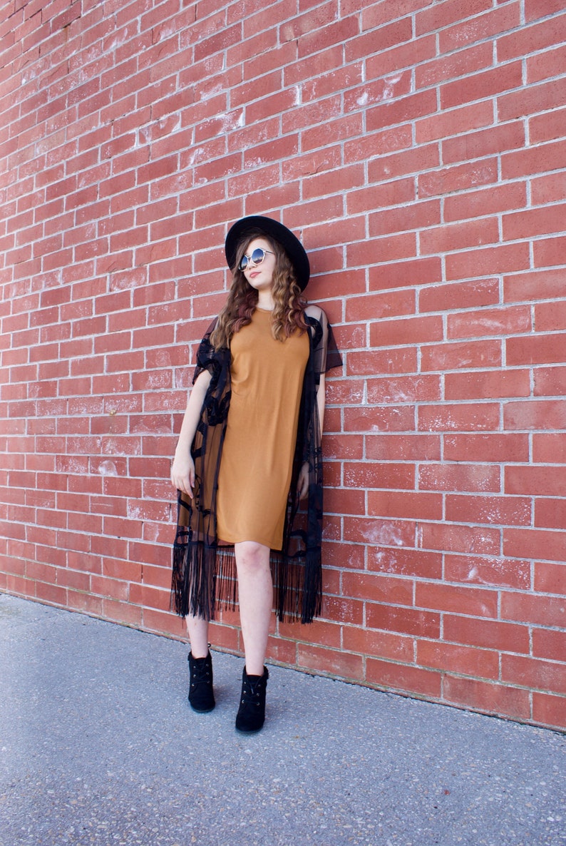 Black fringe kimono with snake print