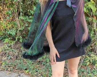 Halloween Cape, Iridescent Mesh Capelet with Feather Trim and Satin Bow