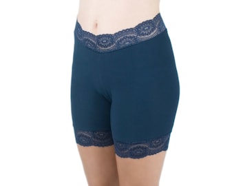 Cotton Biker Shorts Navy Blue Soft Lace Trim Skimmies Modesty Pants