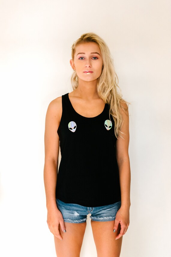 Mens Rainbow Foil Mesh Rave Tee White Trim Black Tank Top Black