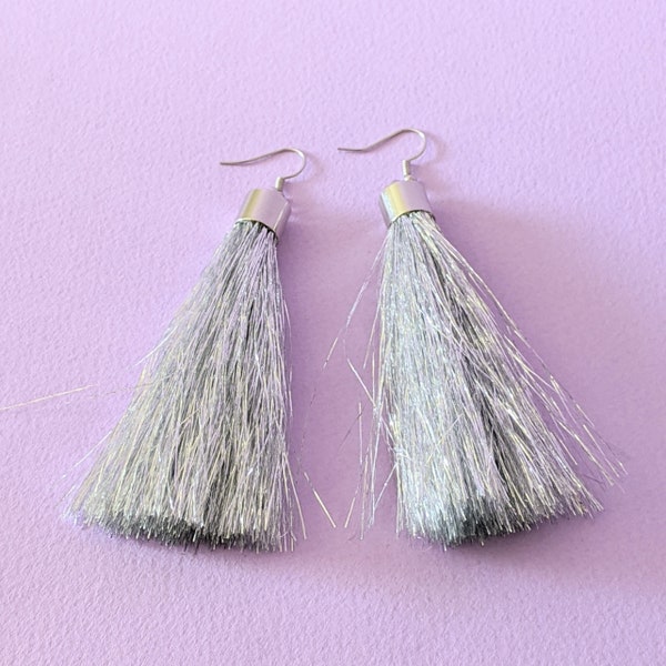 Long Fringe Silver Dangle Earrings - Metallic Tassel Drops