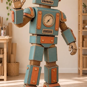 Puede incluir: Un disfraz de robot de tamaño natural construido con cartón azul y naranja. El robot presenta una cabeza cuadrada con dos ojos negros circulares, una esfera de reloj en el pecho y articulaciones tipo acordeón en hombros, codos, caderas y rodillas.