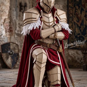 Peut inclure: Une armure fabriquée en carton ondulé beige comprenant un casque avec un panache rouge, des épaulettes avec des plumes blanches et une cape rouge foncé. Une épée à garde dorée est à la taille. Le texte LaunchVibes! est visible.