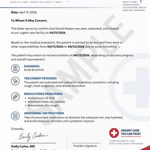 May include: A medical document from Piedmont Urgent Care in McDonough, Georgia, dated April 11, 2026. The letter confirms a patient evaluation for acute bronchitis, advising time off work, listing prescribed medications, and providing care instructions.