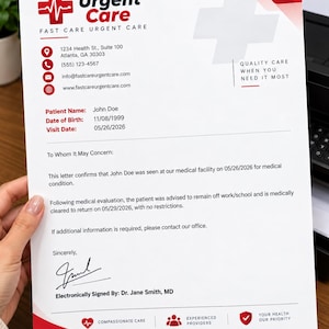 May include: A white medical document from Urgent Care featuring a red cross logo, contact details, and patient information for John Doe. The letter confirms a medical visit on 05/26/2026, includes a signature by Dr. Jane Smith, MD, and footer text.