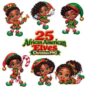 May include: A collection of six illustrations of African American elves in green and red Christmas outfits, featuring curly hair and pointed ears. The central text reads 25 African American Elves Christmas PNG, surrounded by various poses including holding a trumpet, snowflakes, a candy cane, and a snowball.