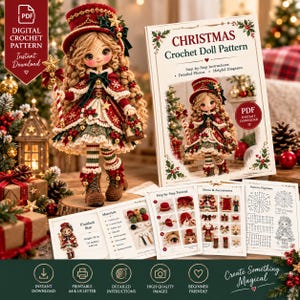 Op de afbeelding: Een digitaal haakpatroon voor een kerstpop, met een pop met lang blond haar, een rode hoed en een feestelijke jurk. Het patroon bevat stapsgewijze instructies, foto's en diagrammen, met een uiteindelijke hoogte van 28 cm.