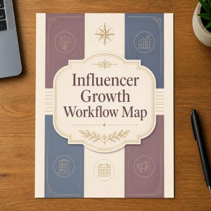 Può includere: Un documento rettangolare intitolato Influencer Growth Workflow Map su un'etichetta centrale color crema. Lo sfondo presenta pannelli verticali in viola e blu tenui, decorati con icone a linee dorate di una lampadina, una bussola e un grafico.