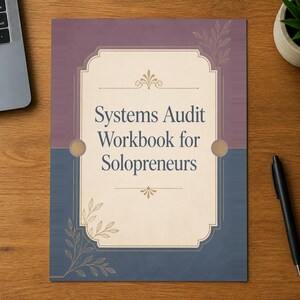 Pode incluir: Um caderno retangular intitulado Systems Audit Workbook for Solopreneurs. A capa apresenta um painel central creme com texto escuro, emoldurado por uma seção superior roxa e uma inferior azul, decorado com desenhos de folhas douradas.