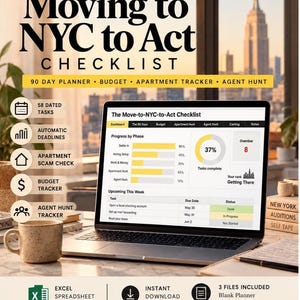 Könnte beinhalten: Ein digitaler Moving to NYC to Act Checklisten-Planer auf einem Laptop-Bildschirm. Die Benutzeroberfläche zeigt Fortschrittsbalken, eine Aufgabenliste und ein Dashboard. Der Text enthält 58 datierte Aufgaben, Fristen und Budget-Tracker.