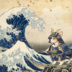 May include: A print featuring a Corgi dressed in blue samurai armour standing on a rock before a large, stylised dark blue ocean wave. The artwork includes traditional Japanese calligraphy in the upper left corner and a beige, aged paper background.