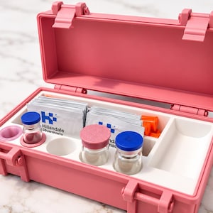 May include: A pink hard-shell carrying case with an open lid, featuring a white interior insert with slots for small items. Inside are several small glass vials with blue or pink caps and white packets labeled Hillandale Pharmacy.