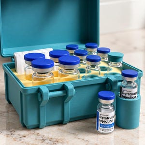 May include: A teal plastic storage case with a yellow foam insert holding multiple glass vials with blue caps. Two vials labeled Retatrutide Injection 60mg/3ml stand outside the case, one resting on a matching teal cylindrical base.