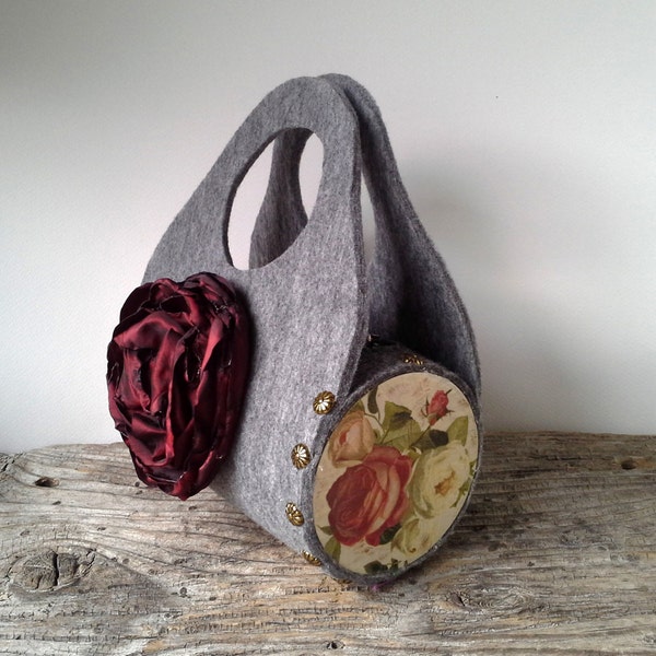 Gray bag, felt bag, women bag, uncommon bag, handmade bag, flower brooch, taffeta brooch, decoupage technique