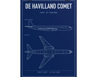 Könnte beinhalten: Ein dunkelblaues Poster mit einer weißen technischen Blaupause der De Havilland Comet. Das Design zeigt eine Seitenansicht und eine Draufsicht des Strahlflugzeugs sowie den Text DE HAVILLAND COMET, FIRST JET AIRLINER und FIRST FLIGHT 27 JULY 1949.