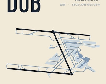 May include: A graphic print featuring the Dublin Airport runway map in dark blue and light blue on a cream background. Text includes DUB, DUBLIN AIRPORT, EIDW, 53°25'39"N 6°15'16"W, and RUNWAY MAP T-SHIRT FRONT + BACK PRINT at the bottom.