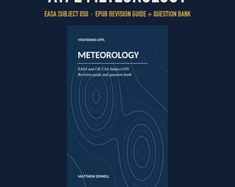Könnte beinhalten: Ein dunkelblaues digitales Buchcover mit dem Titel ATPL METEOROLOGY EASA SUBJECT 050 EPUB REVISION GUIDE + QUESTION BANK. Das Cover zeigt weißen Text und dünne weiße Konturlinien auf einem dunkelblauen Hintergrund, verfasst von Matthew Dowell.