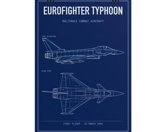 Könnte beinhalten: Ein dunkelblaues Poster mit weißen technischen Strichzeichnungen des Eurofighter Typhoon. Der Druck zeigt eine Seitenansicht und eine Draufsicht des Mehrzweckkampfflugzeugs mit dem Text Eurofighter Typhoon und First Flight 27 March 1994.