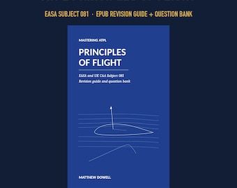 Könnte beinhalten: Ein blaues digitales Buchcover mit dem Titel ATPL Principles of Flight, EASA Subject 081, Epub Revision Guide + Question Bank von Matthew Dowell. Das Cover zeigt eine weiße Strichzeichnung eines Tragflächenprofils.