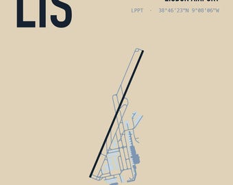Könnte beinhalten: Ein Grafikdruck mit dem Pistenplan des Flughafens Lissabon auf beigem Hintergrund. Der Text lautet LIS, LISBON AIRPORT, LPPT, 38°46'23"N 9°08'06"W und RUNWAY MAP T-SHIRT FRONT + BACK PRINT. Das Layout ist in Blau und Schwarz dargestellt.