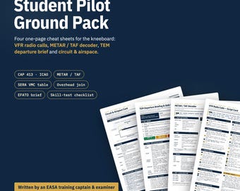 May include: A Student Pilot Ground Pack featuring four printable A4 PDF cheat sheets for a kneeboard. The documents include VFR radio calls, METAR/TAF decoder, TEM departure brief, and circuit and airspace information with various aviation checklists.