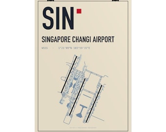 May include: A vertical poster on a cream background featuring the text SIN, a small red square, and the words SINGAPORE CHANGI AIRPORT. Below this, the text WSSS and coordinates are displayed above a blue line drawing of the airport runway layout.