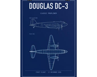 Könnte beinhalten: Ein dunkelblaues Poster mit einer weißen technischen Blaupause des Douglas DC-3 Flugzeugs. Das Design zeigt eine Seitenansicht und eine Draufsicht des Flugzeugs sowie den Text "DOUGLAS DC-3", "CLASSIC PROPLINER" und "FIRST FLIGHT 17 DECEMBER 1935".