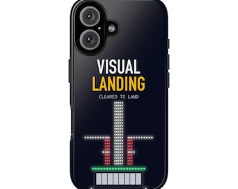 Könnte beinhalten: Eine schwarze Smartphone-Hülle mit dem weißen Text VISUAL, dem gelben Text LANDING und dem weißen Text CLEARED TO LAND. Unter dem Text befindet sich eine Grafik eines Flughafen-Landebahnbefeuerungssystems mit weißen, roten und grünen Lichtmustern.