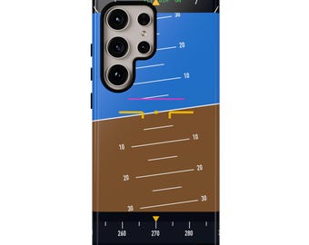 Könnte beinhalten: Eine rechteckige Smartphone-Hülle mit einer Grafik eines künstlichen Horizonts aus der Luftfahrt. Das Design zeigt einen blauen Himmel und braunen Boden mit weißen Neigungsmarkierungen, einem gelben Flugzeugsymbol und einem schwarzen Kursanzeiger.