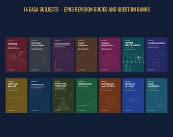 Könnte beinhalten: Das Complete ATPL Set mit 14 EASA-Fächern als EPUB-Lernhilfen und Fragenkatalogen. Die Sammlung umfasst 14 einzelne Buchcover in verschiedenen Farben, die jeweils ein spezifisches Luftfahrtthema und eine entsprechende Liniengrafik zeigen.