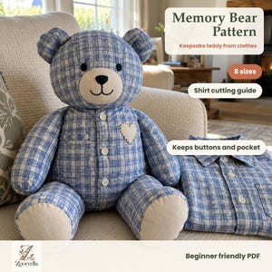 Patron PDF d'ours en peluche souvenir, ours en peluche à partir de vêtements, 8 tailles, guide de coupe pour chemise, couture facile