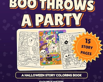 Kolorowanka na Halloween do druku, Boo urządza imprezę, historia o duchach, 22-stronicowe kolorowanki dla dzieci w formacie PDF